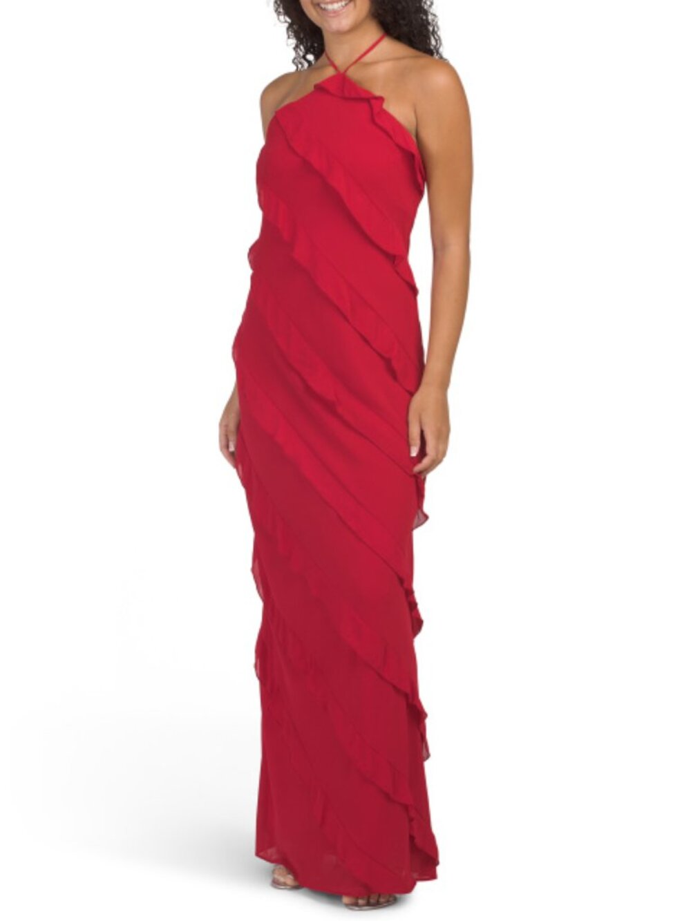 MORGAN Red Chiffon Texture Ruffle Detail Halter Neck Dress